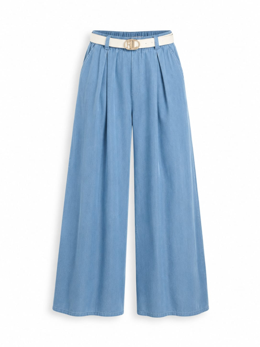Pantaloni Palazzo Denim Bleu Talie Elastică Curea [3]