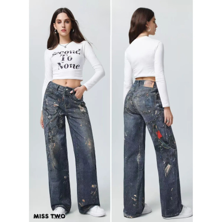 Pantaloni & Blugi - Blugi Baggy Dama Albastru cu Imprimeu Grafic Miss Two - Isabellia.ro