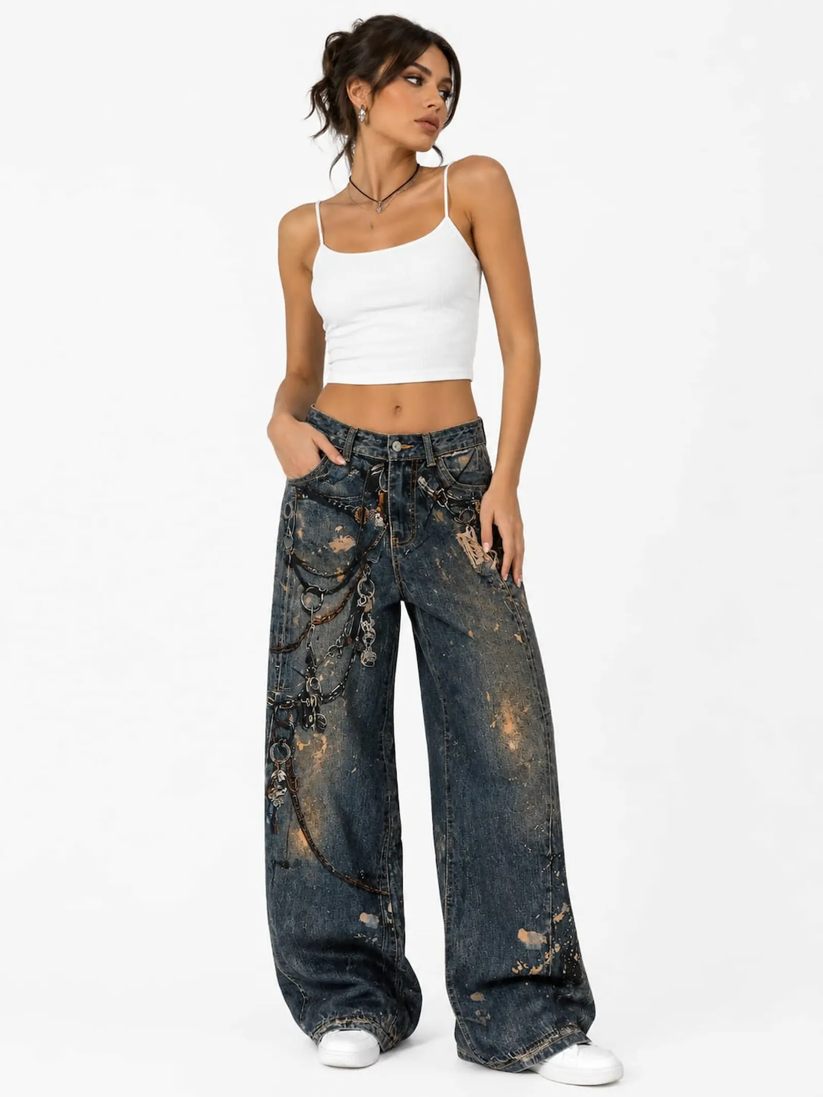 Pantaloni & Blugi - Blugi Baggy Dama Albastru cu Imprimeu Grafic Miss Two - Isabellia.ro