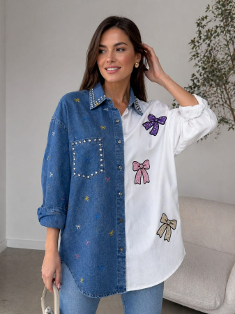 Cămăși - camasa bicolora denim white bow delight isabellia