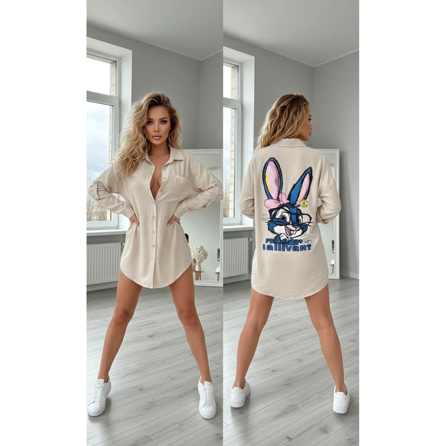 Cămăși - Cămașă Oversize Street Bunny Cream Edition cu Imprimeu Grafic pe Spate - Isabellia