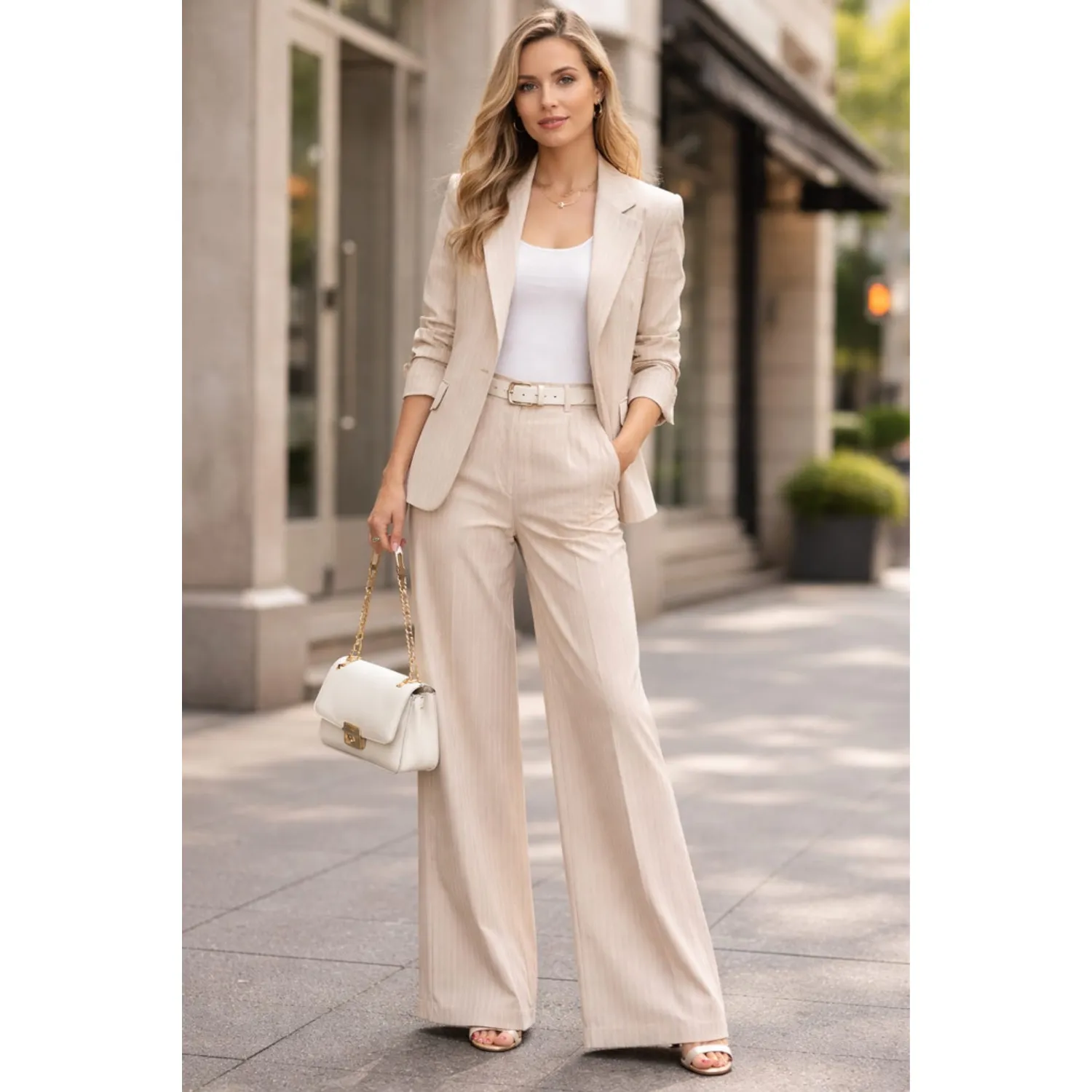 Compleuri - Costum Dama Office cu Dungi Bej - Sacou si Pantaloni Wide-Leg - Isabellia.ro