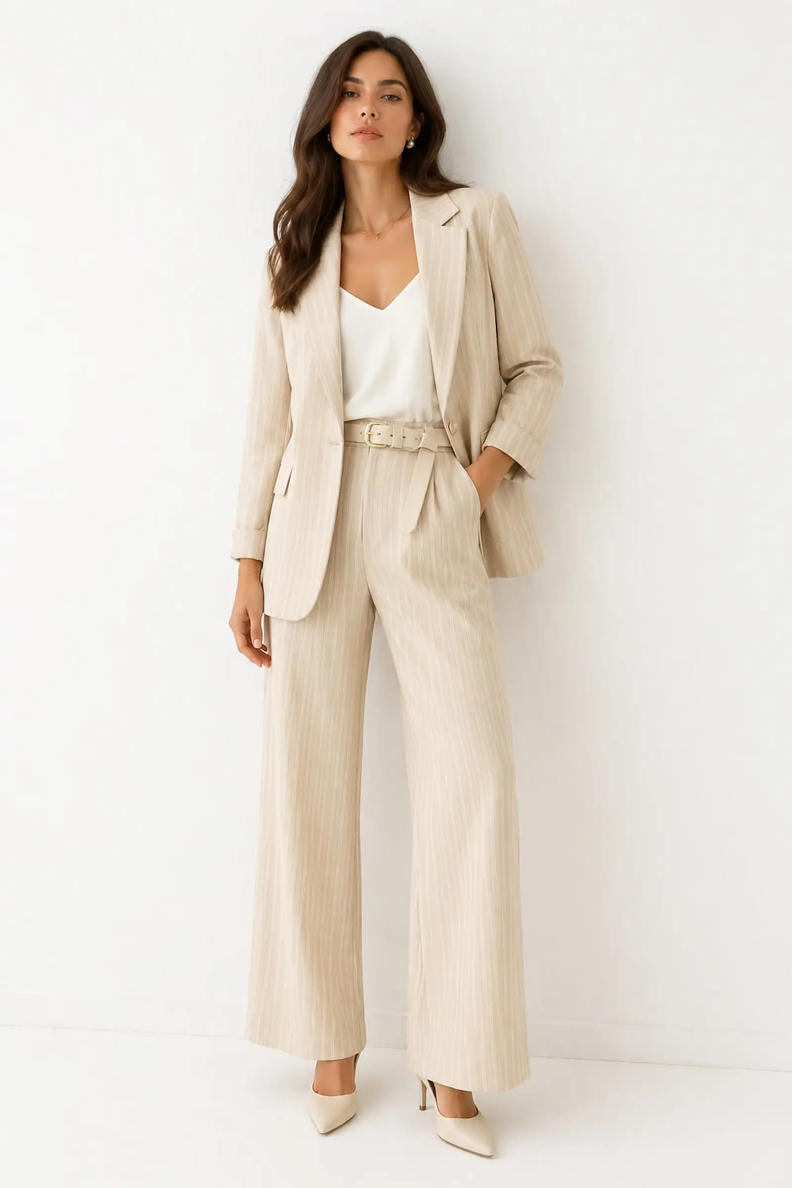 Compleuri - Costum Dama Office cu Dungi Bej - Sacou si Pantaloni Wide-Leg - Isabellia.ro