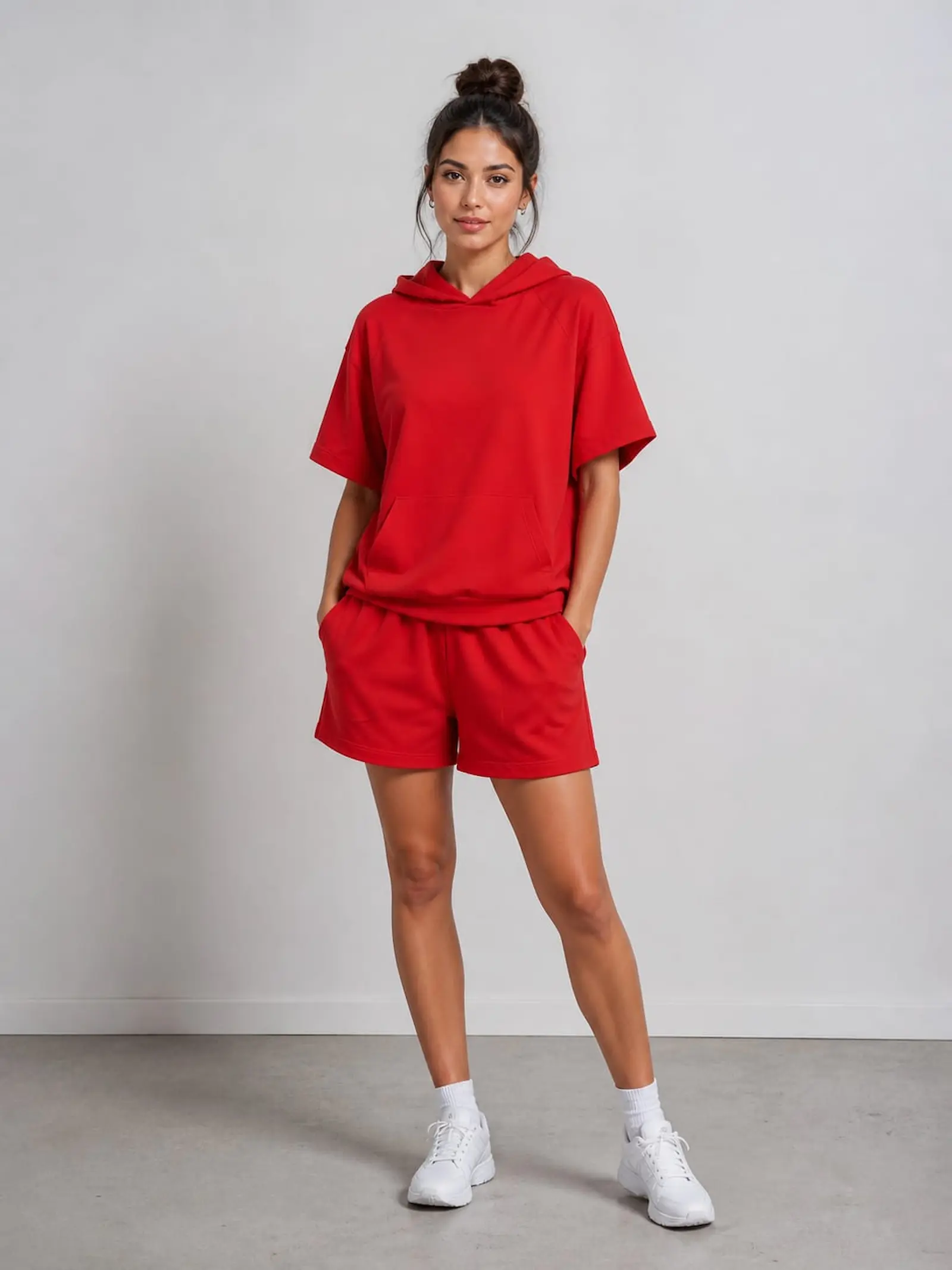 Compleuri - Set Sport Dama Rosu Bumbac Hanorac si Pantaloni Scurti - Isabellia.ro