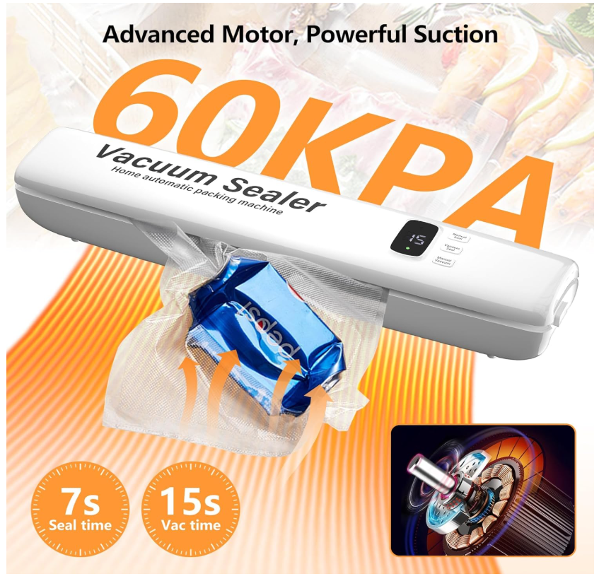 Aparat de Sigilat si Vidat Pungi, Vacuum Sealer Automat, pentru Alimente (Carne, Legume, Cereale), Protectie Supraincalzire, 33x7 cm [6]