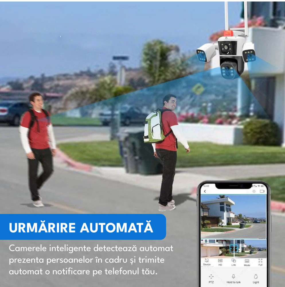 Camera Supraveghere WiFi cu 3 Camere Crocodil, Zoom Optic 10X, 16MP, 4K Ultra HD, Viziune Nocturna Clara, Detectie Umana, Audio Bidirectional, Alarma, IP66, PTZ 360°, [6]