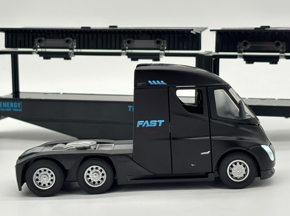 Camion din Metal Tesla Semi Truck cu Container, 35 cm, Functie Pull Back, Usile si Containerul Deschizabile, Lumini si Sunete, Automacheta Tir Tesla Electric [5]