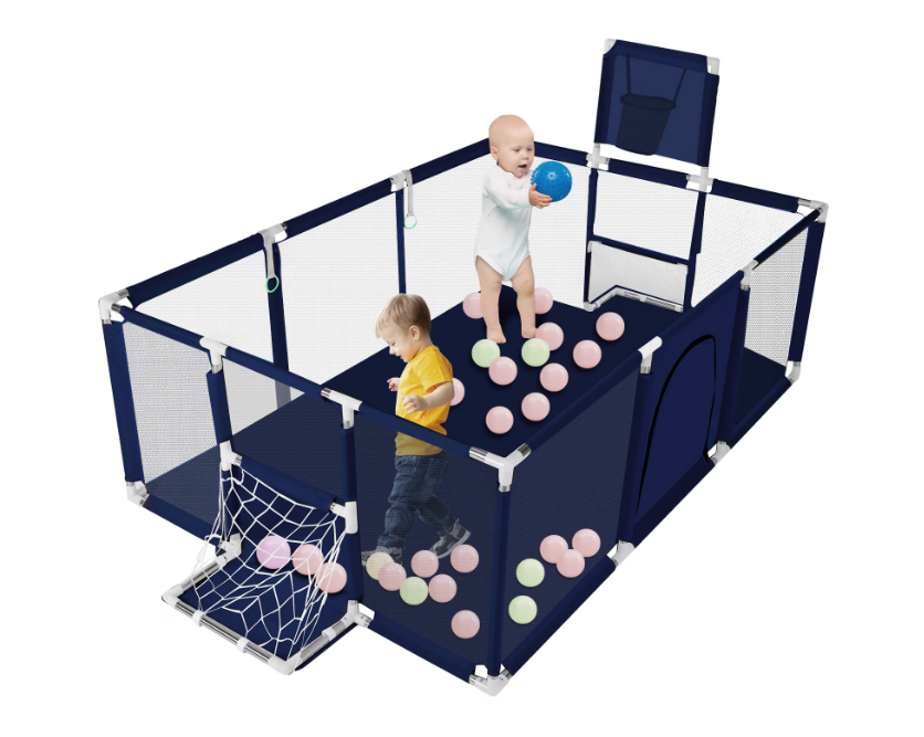 Țarc pentru Bebelusi 180x120x64 cm, Cu 30 de Bile, Mini Coș de Baschet, Poartă de Fotbal, Acces cu Fermoar și Montaj Ușor [4]