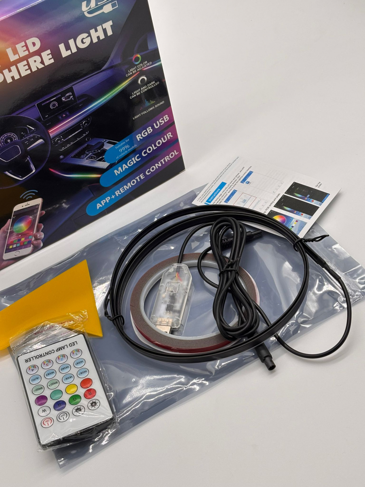 Bandă LED RGB USB 1.2m – Iluminare Ambient Interior Auto, Control prin Aplicație & Telecomandă, Kit Complet de Montare Inclus [12]