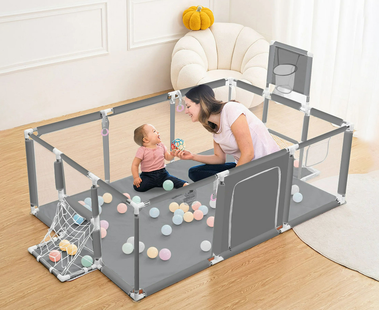 Țarc pentru Bebelusi 180x120x64 cm, Cu 30 de Bile, Mini Coș de Baschet, Poartă de Fotbal, Acces cu Fermoar și Montaj Ușor [2]