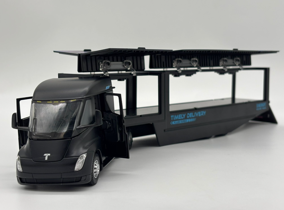 Camion din Metal Tesla Semi Truck cu Container, 35 cm, Functie Pull Back, Usile si Containerul Deschizabile, Lumini si Sunete, Automacheta Tir Tesla Electric [7]