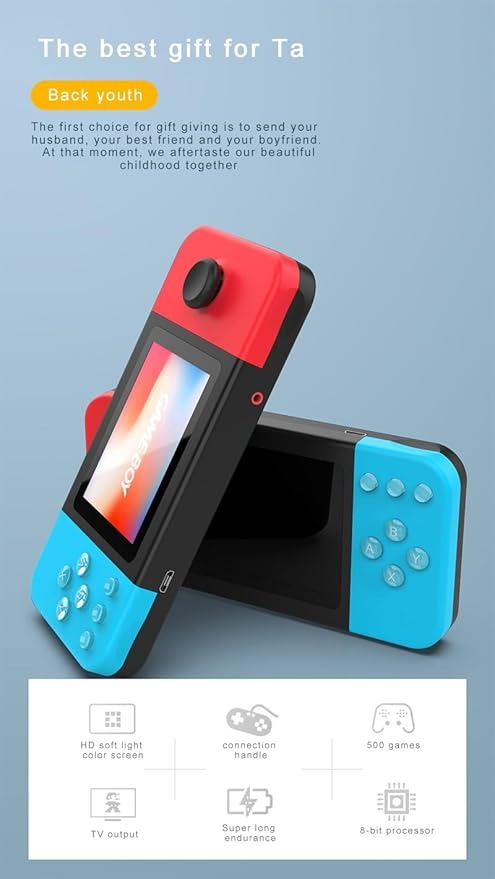 Consolă Portabilă Jocuri Retro – Conectare AV la TV,  Controler pentru 2 Jucători, Ecran 2.8” HD Color, 500 Jocuri Incluse, Baterie Reîncărcabilă 800mAh [5]