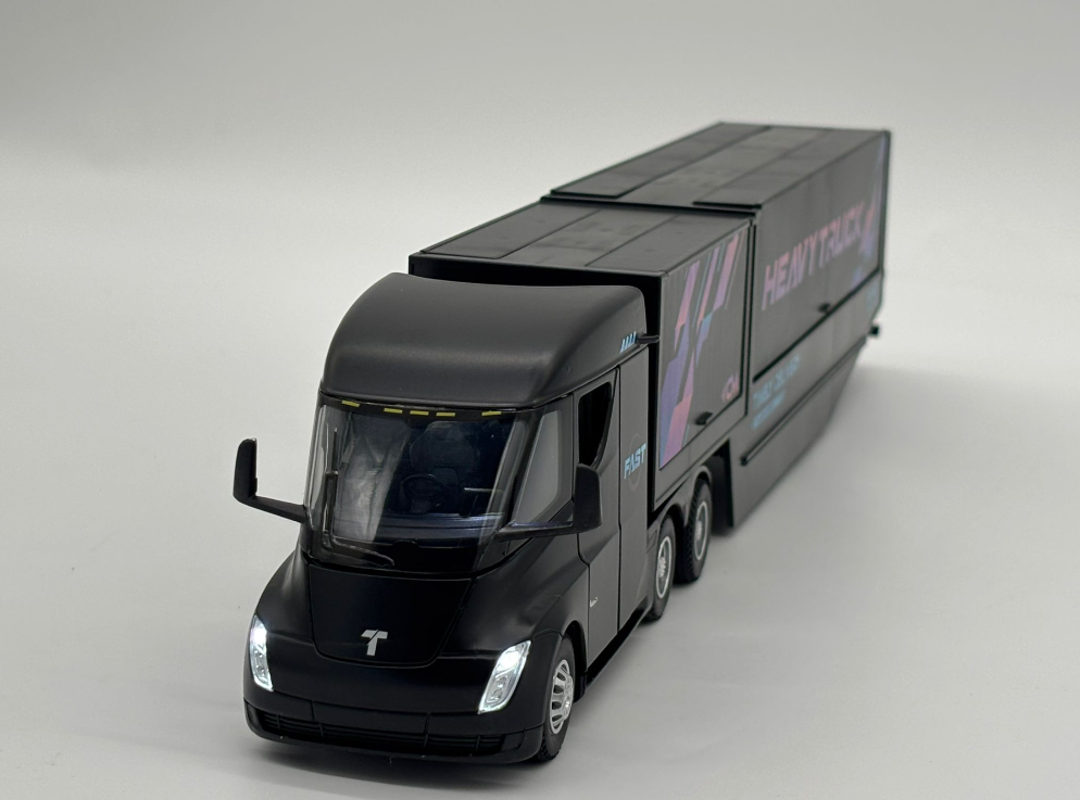 Camion din Metal Tesla Semi Truck cu Container, 35 cm, Functie Pull Back, Usile si Containerul Deschizabile, Lumini si Sunete, Automacheta Tir Tesla Electric [4]