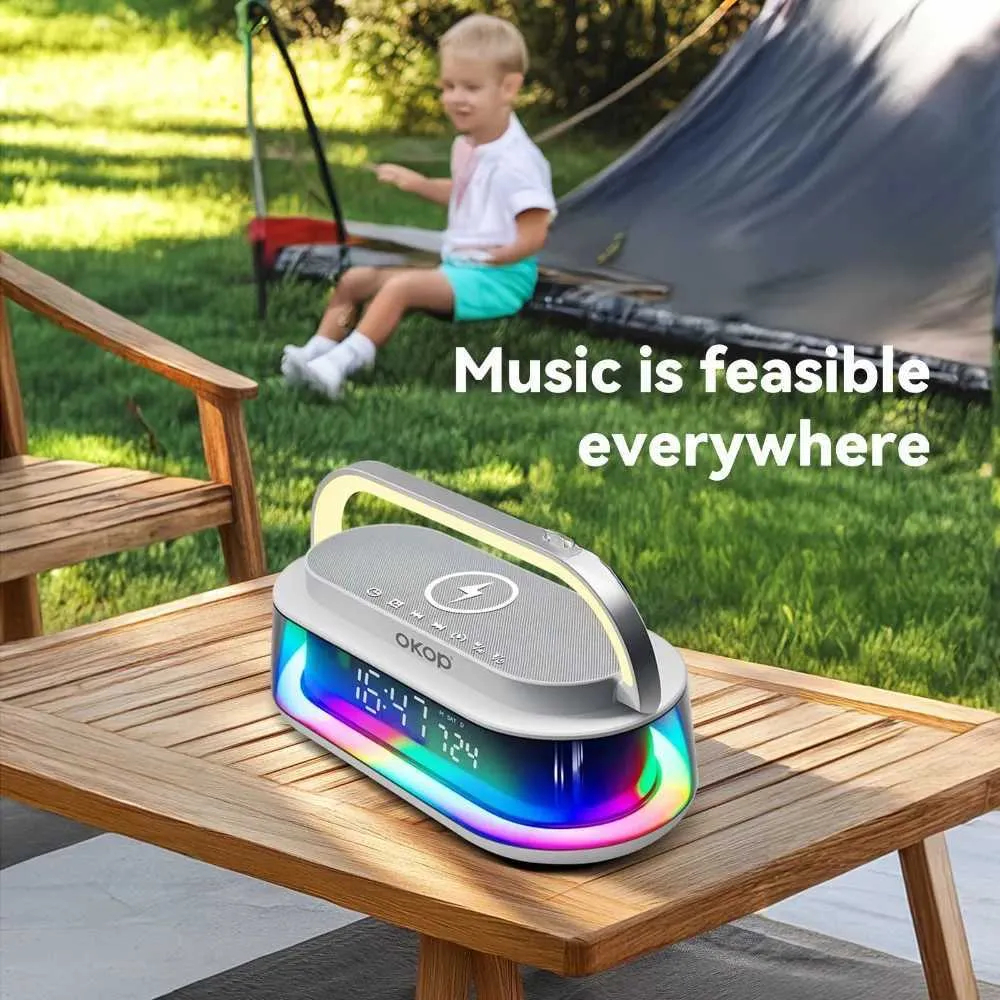 Boxa Bluetooth cu Lumini RGB, Incarcator Wireless si Ceas Digital, 15W, Boxa Portabila, Alarma, White Noise, TF Card, FM Radio, Design Modern [5]