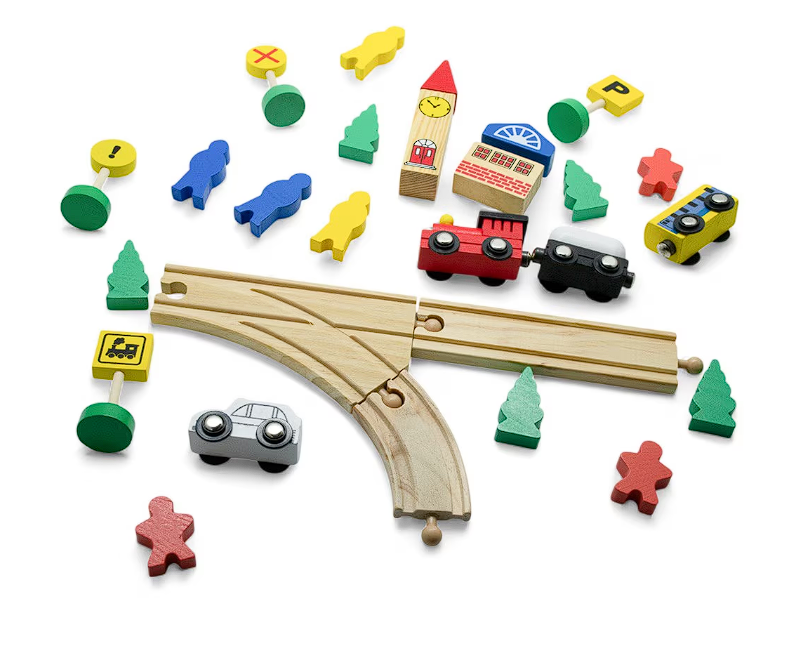 Set Tren din Lemn, 48 Piese cu Magnet – Locomotivă, Vagoane, Șine și Accesorii din Lemn [4]