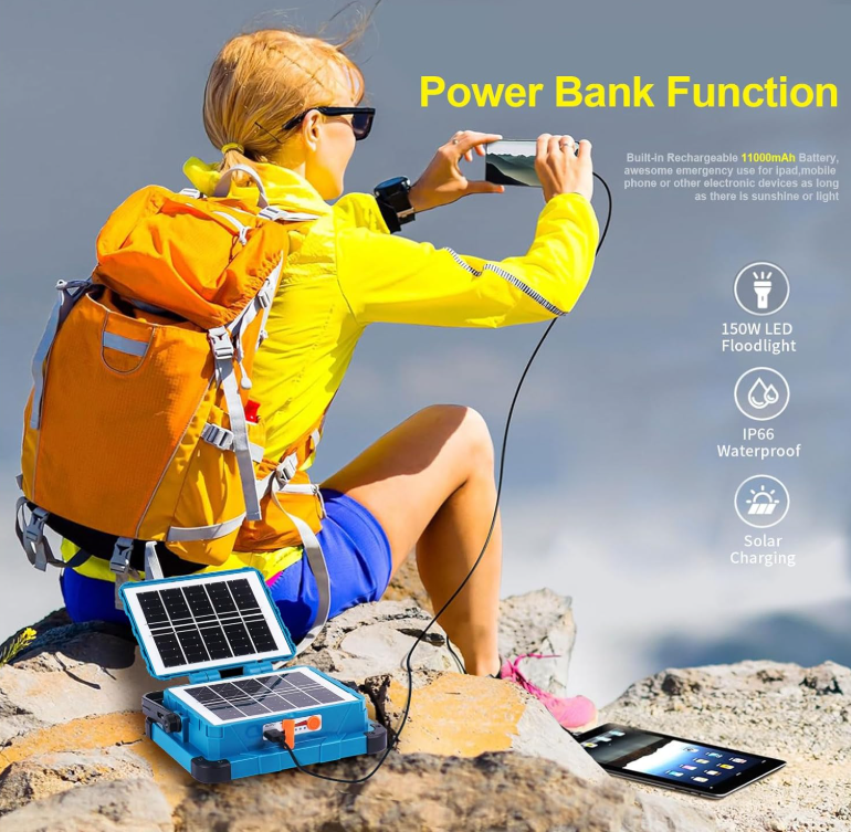 Proiector Lumina cu 3 Panouri Solare, Lampa LED Ultra Bright, Baterie Mare 6x18650, Power Bank, Incarcare Type-C, 6 Moduri Lumina, Portabila si Pliabila [3]