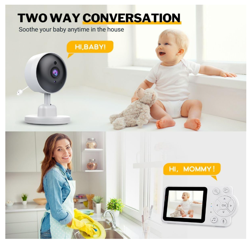 Baby Monitor Video 2.4GHz fara WiFi cu Camera si Ecran 7 cm, Viziune Nocturna HD, Detectare Plans, Monitorizare Temperatura, Comunicare Bidirectionala, Alarmă pentru hrănire, Muzica pentru Bebelu [9]