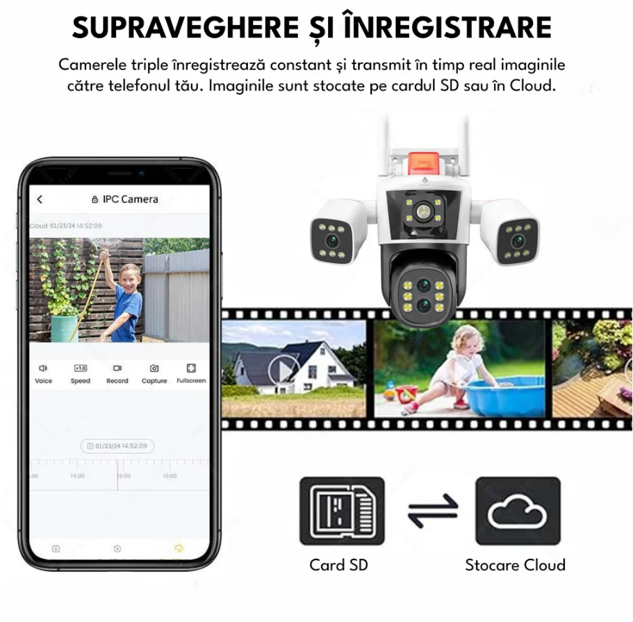 Camera Supraveghere WiFi cu 3 Camere Crocodil, Zoom Optic 10X, 16MP, 4K Ultra HD, Viziune Nocturna Clara, Detectie Umana, Audio Bidirectional, Alarma, IP66, PTZ 360°, [10]