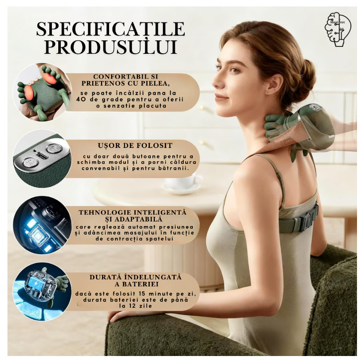 Aparat Masaj Cervical Gat si Umeri 4D cu Incalzire, Fara Fir, Masaj Tip Mana Umana, 3 Moduri, Autonomie pana la 12 Zile, Ideal pentru Relaxare si Dureri Musculare [2]