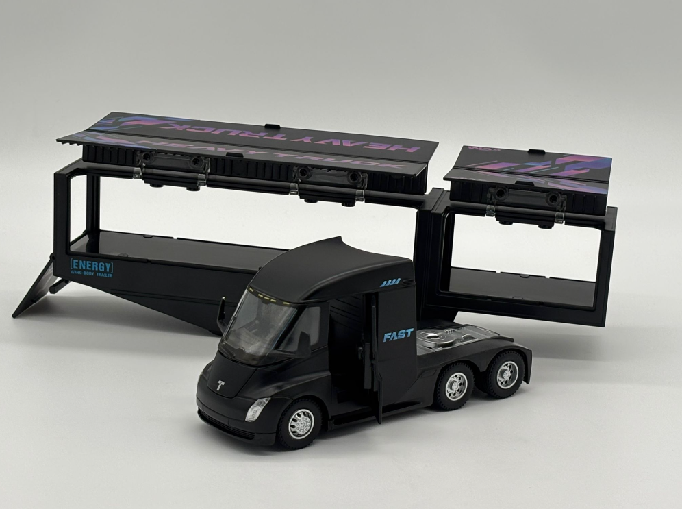 Camion din Metal Tesla Semi Truck cu Container, 35 cm, Functie Pull Back, Usile si Containerul Deschizabile, Lumini si Sunete, Automacheta Tir Tesla Electric [3]