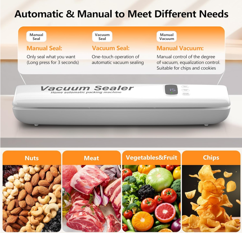 Aparat de Sigilat si Vidat Pungi, Vacuum Sealer Automat, pentru Alimente (Carne, Legume, Cereale), Protectie Supraincalzire, 33x7 cm [3]