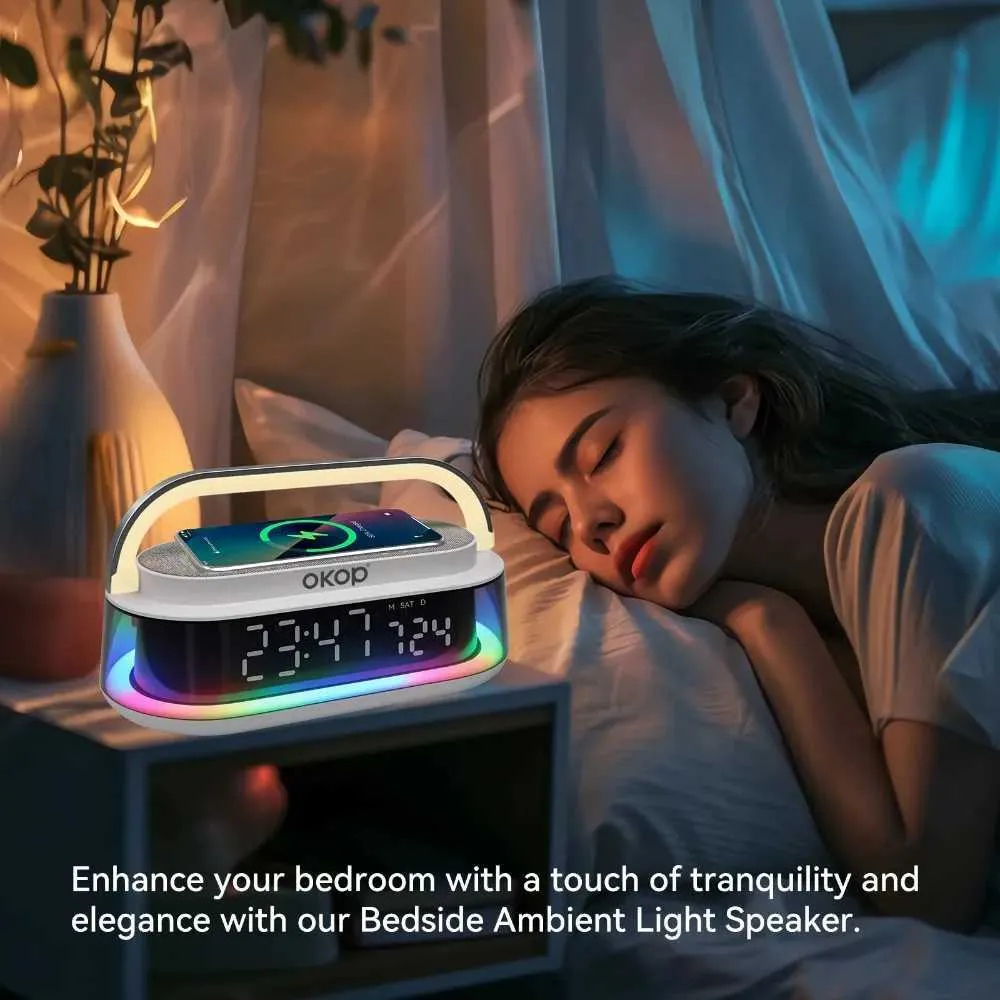 Boxa Bluetooth cu Lumini RGB, Incarcator Wireless si Ceas Digital, 15W, Boxa Portabila, Alarma, White Noise, TF Card, FM Radio, Design Modern [7]