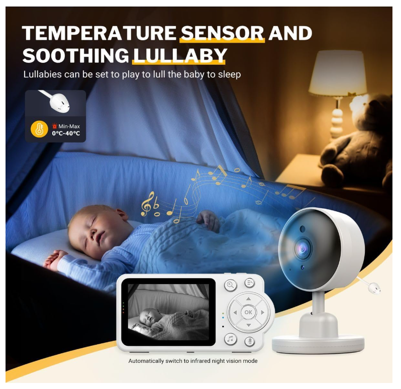 Baby Monitor Video 2.4GHz fara WiFi cu Camera si Ecran 7 cm, Viziune Nocturna HD, Detectare Plans, Monitorizare Temperatura, Comunicare Bidirectionala, Alarmă pentru hrănire, Muzica pentru Bebelu [2]