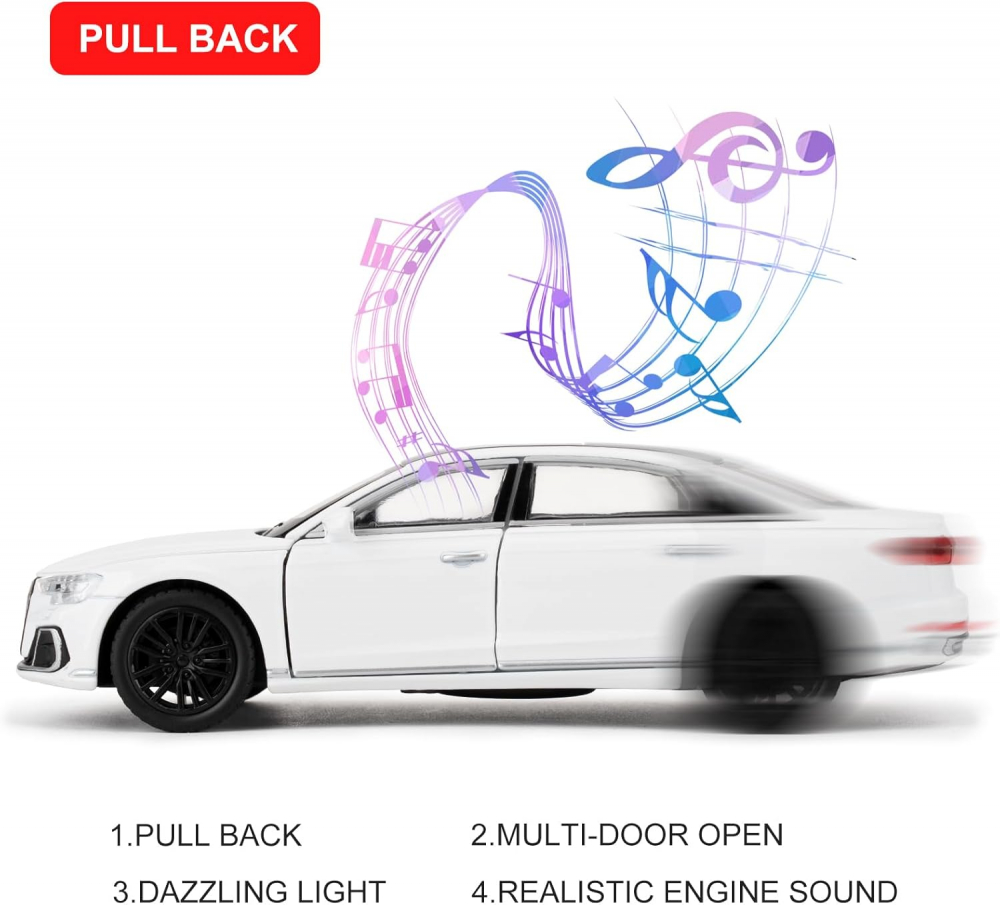 Automacheta Audi A8, din Metal  – 15cm, Sunete și Lumină, Elemente Mobile, Funcție Pull Back, Detalii Realiste [2]