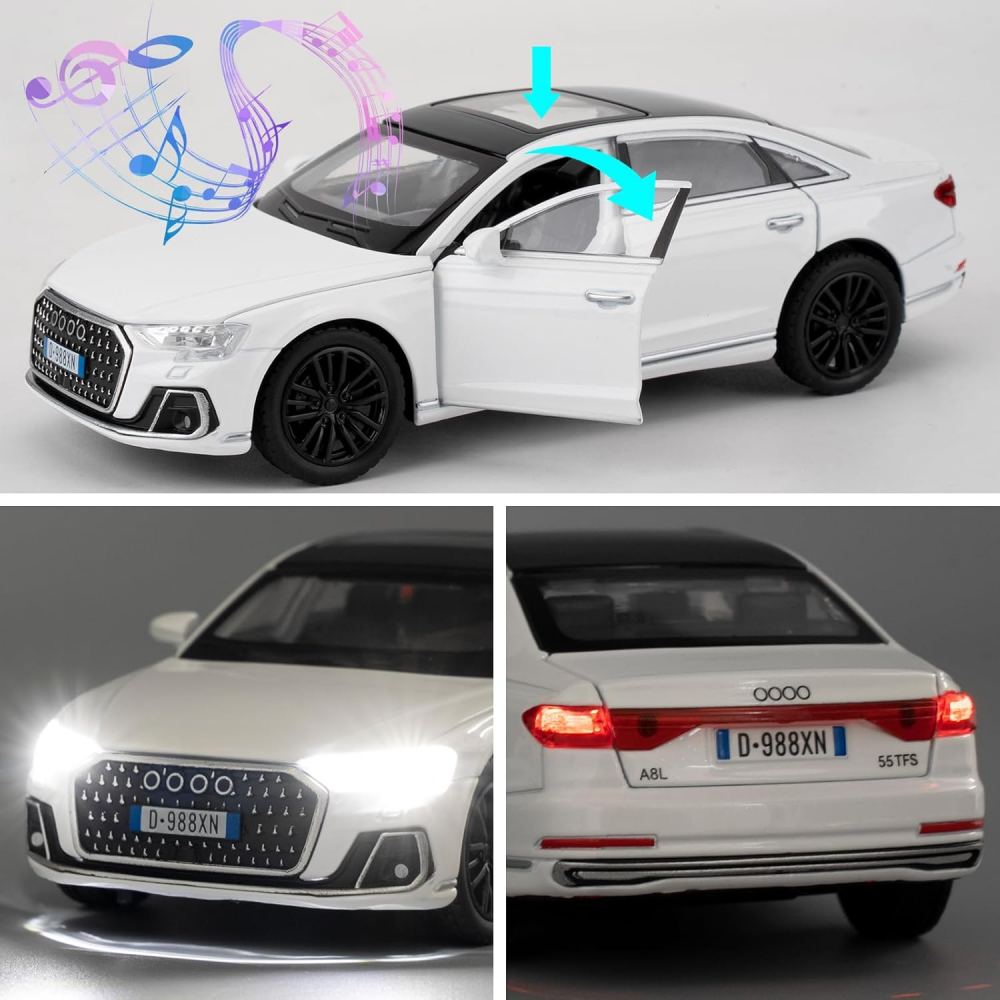 Automacheta Audi A8, din Metal  – 15cm, Sunete și Lumină, Elemente Mobile, Funcție Pull Back, Detalii Realiste [5]