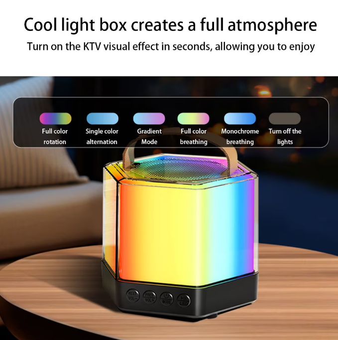 Boxă Karaoke RGB cu 2 Microfoane Wireless – Model Q-7, TF Card, USB, Bluetooth – Sunet Puternic și Efecte de Lumini [2]