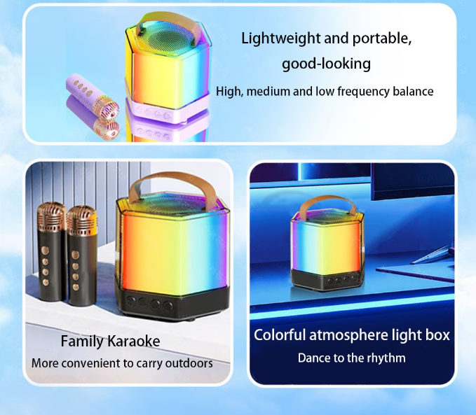 Boxă Karaoke RGB cu 2 Microfoane Wireless – Model Q-7, TF Card, USB, Bluetooth – Sunet Puternic și Efecte de Lumini [6]