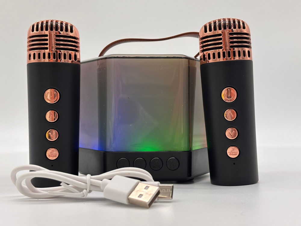 Boxă Karaoke RGB cu 2 Microfoane Wireless – Model Q-7, TF Card, USB, Bluetooth – Sunet Puternic și Efecte de Lumini [11]
