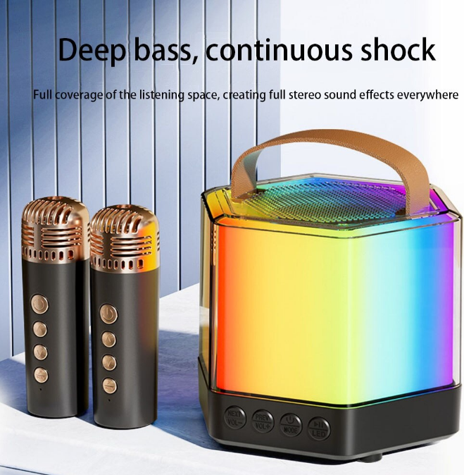 Boxă Karaoke RGB cu 2 Microfoane Wireless – Model Q-7, TF Card, USB, Bluetooth – Sunet Puternic și Efecte de Lumini [7]