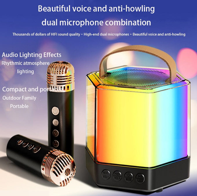 Boxă Karaoke RGB cu 2 Microfoane Wireless – Model Q-7, TF Card, USB, Bluetooth – Sunet Puternic și Efecte de Lumini [4]