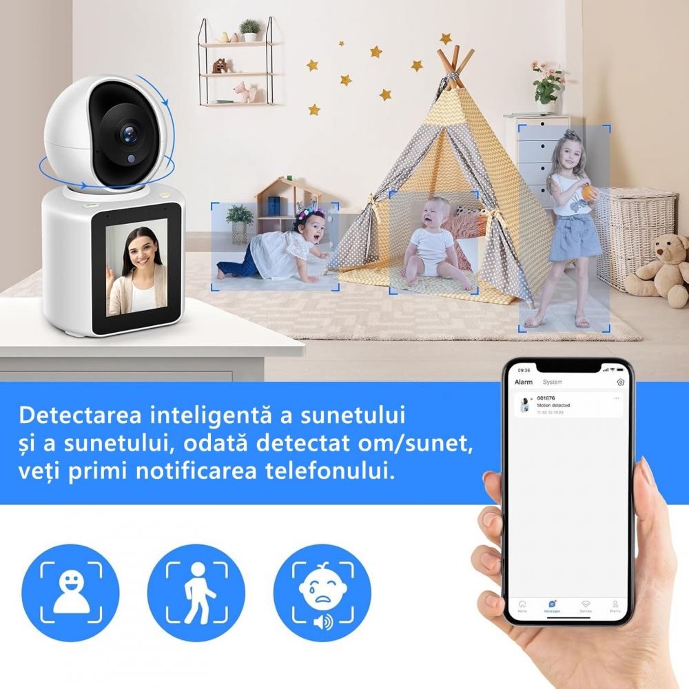 Cameră de Supraveghere Baby Monitor Inteligentă Wi-Fi Full HD 1080p, Functie Apel Video, Viziune Nocturna, Suport Cloud și Card TF – Control prin Aplicația "ICSee" [5]