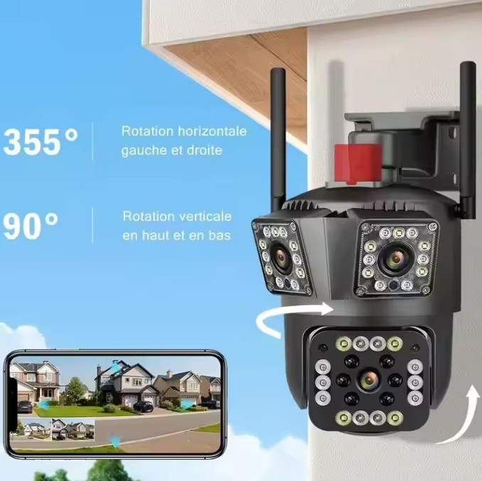 Camera de Supraveghere Smart V380 PRO – 3 Camere (1 Rotativă 360°/180°), 12MP, LED cu Sirenă, WiFi 2.4G, Infrarosu, TF Card până la 64GB, Conectare prin Aplicația "V380 PRO", Cablu LAN,Alimentator 220 [6]