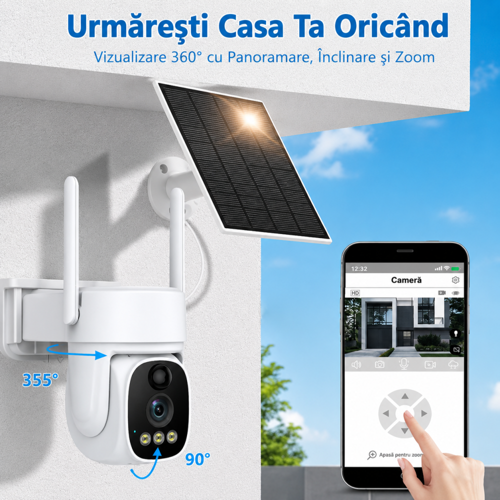 Cameră de Supraveghere Solară 4G 4MP, Panou Solar Inclus, Zoom 10X, Rotire 360°, Viziune Nocturnă, Detectare Mișcare, V380 Pro [5]