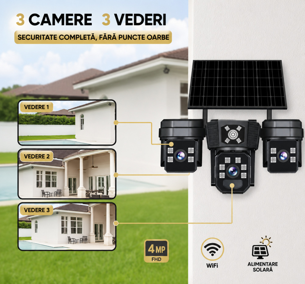 Cameră de Supraveghere Solară 4G 15MP cu 3 Camere, Panou Solar, Zoom 10X, Rotire 360°, Vedere Nocturnă, V380 Pro [2]