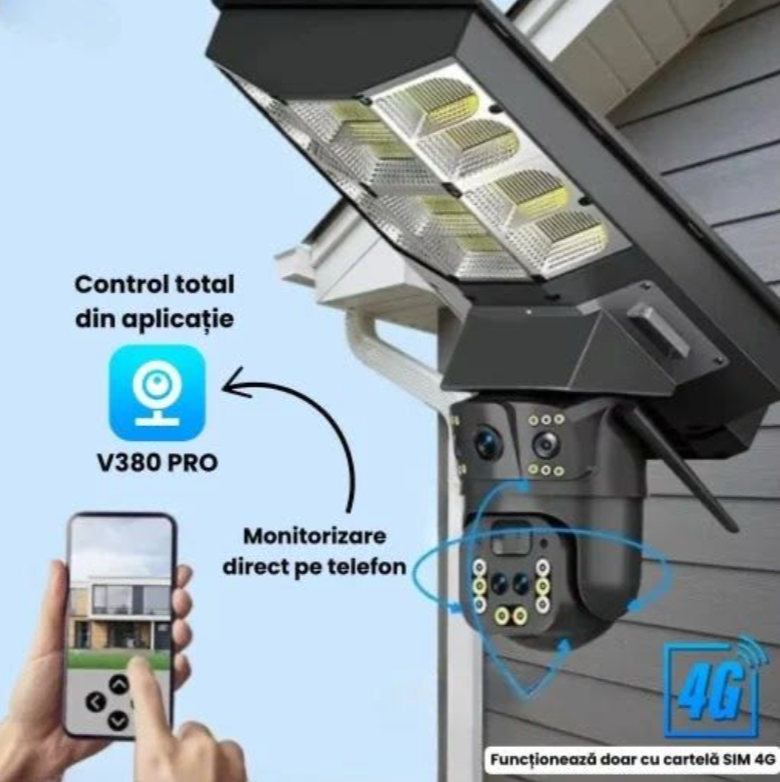 Cameră de Supraveghere Solară 4G cu Lampă Integrată, 4 Lentile, Sistem 5-în-1, Rotire 360°, Detecție Mișcare, Viziune Nocturnă IR & Color, Audio Bidirecțional, IP67, Panou Solar, Monitorizare Live [7]