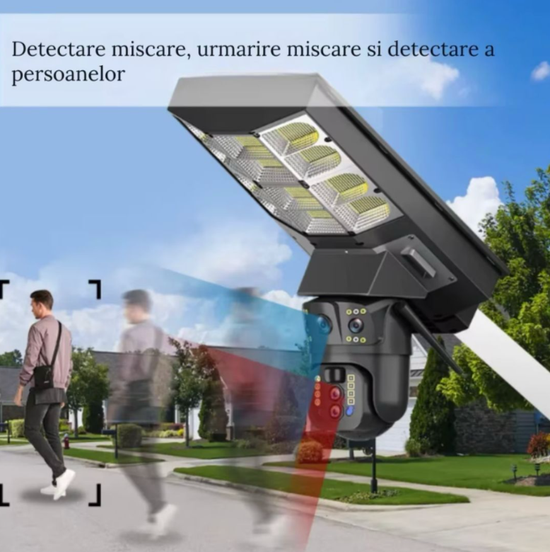 Cameră de Supraveghere Solară 4G cu Lampă Integrată, 4 Lentile, Sistem 5-în-1, Rotire 360°, Detecție Mișcare, Viziune Nocturnă IR & Color, Audio Bidirecțional, IP67, Panou Solar, Monitorizare Live [4]