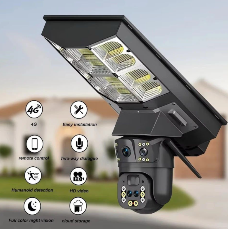 Cameră de Supraveghere Solară 4G cu Lampă Integrată, 4 Lentile, Sistem 5-în-1, Rotire 360°, Detecție Mișcare, Viziune Nocturnă IR & Color, Audio Bidirecțional, IP67, Panou Solar, Monitorizare Live [6]