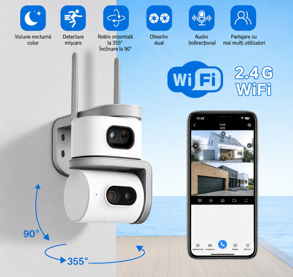 Cameră de Supraveghere WiFi 8MP cu 2 Lentile, Zoom 10X, Viziune Nocturnă, Detectare Mișcare, Audio Bidirecțional, V380 Pro [7]