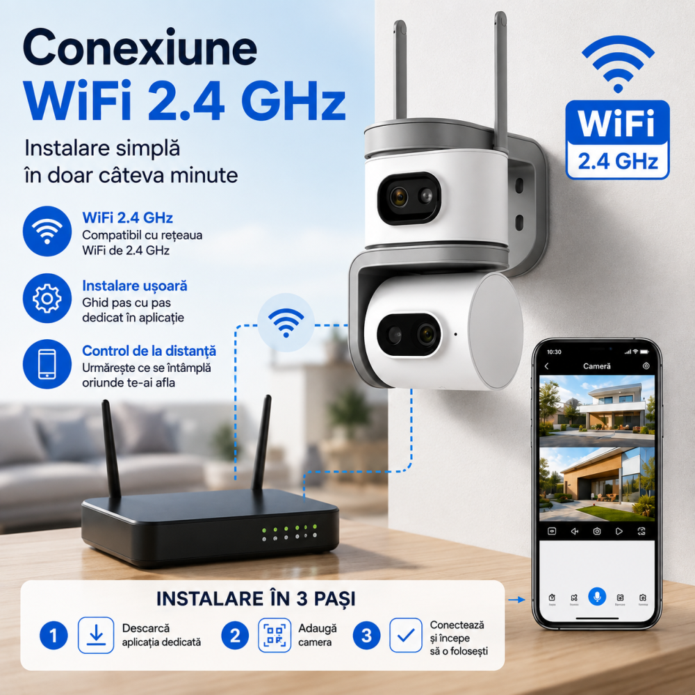 Cameră de Supraveghere WiFi 8MP cu 2 Lentile, Zoom 10X, Viziune Nocturnă, Detectare Mișcare, Audio Bidirecțional, V380 Pro [5]