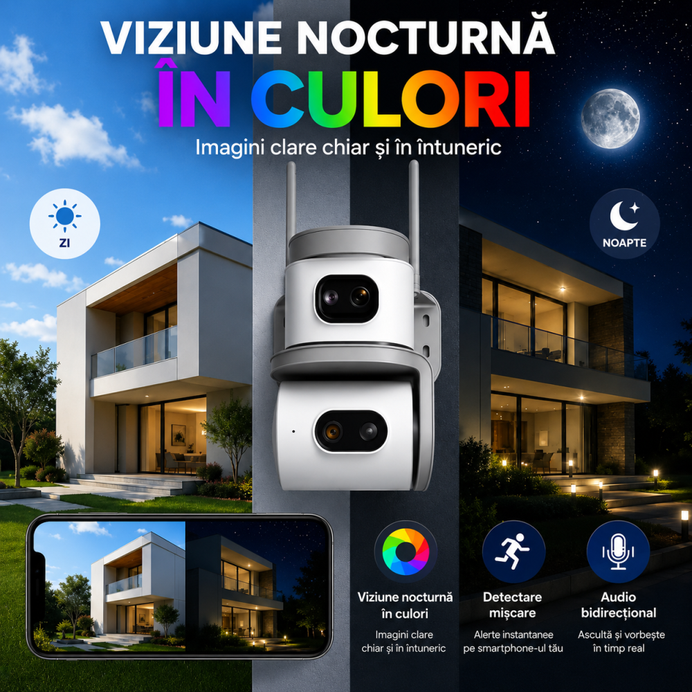 Cameră de Supraveghere WiFi 8MP cu 2 Lentile, Zoom 10X, Viziune Nocturnă, Detectare Mișcare, Audio Bidirecțional, V380 Pro [3]