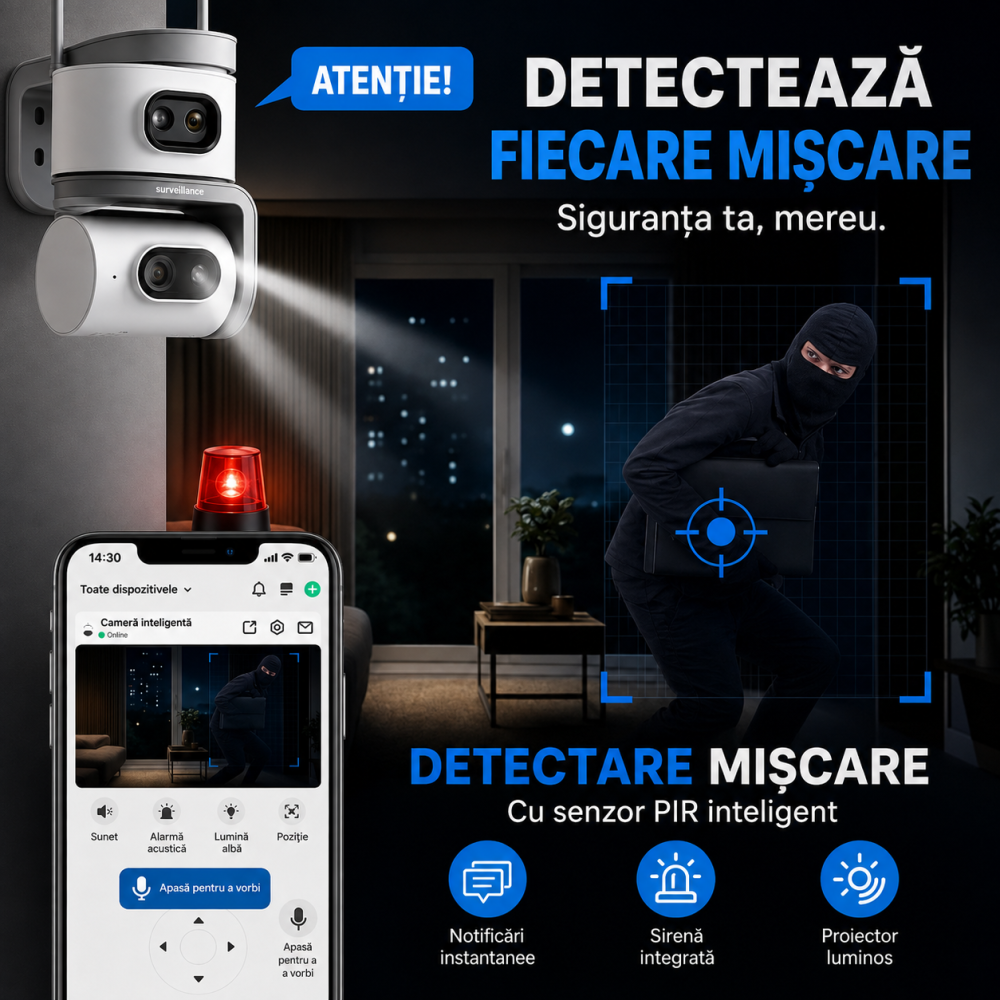 Cameră de Supraveghere WiFi 8MP cu 2 Lentile, Zoom 10X, Viziune Nocturnă, Detectare Mișcare, Audio Bidirecțional, V380 Pro [4]