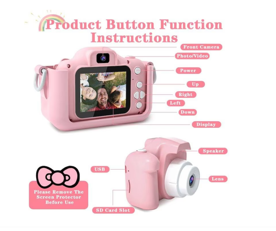 Cameră Foto Digitală pentru Copii, cu Husă Detasabilă, Suport Micro Card SD,Cablu USB și Agățătoare Tip Breloc, Jocuri Snake și Tetris, Funcție Selfie, Muzică și Fotografiere [2]