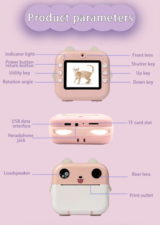 Camera Foto Digitala pentru Copii cu imprimare instant – Ecran HD, Filmare, Jocuri, Cablu Tip C, Curea și 3 Role incluse [3]