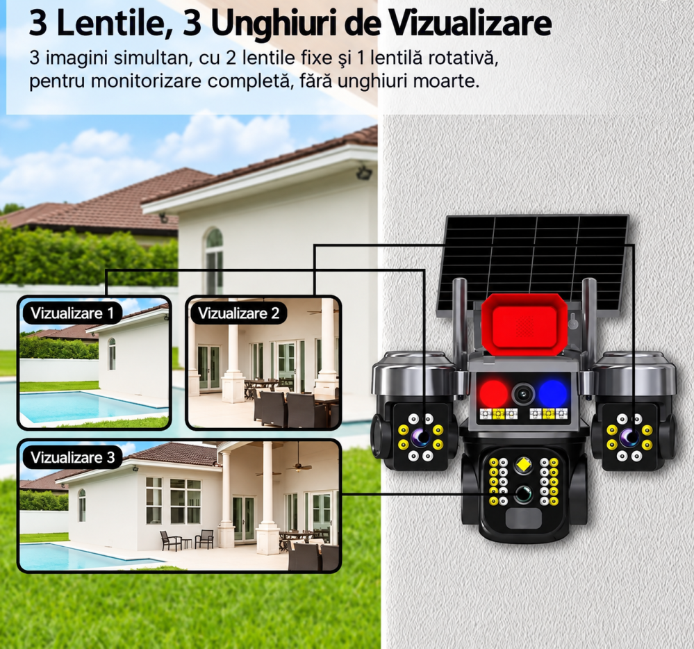 Camera Supraveghere 4G cu Panou Solar Tip Crocodil, 3 Camere rotative 720°, 15 MP (5 + 5 + 5MP), 8K UHD, Panou Solar Monocristalin, Viziune Nocturna, Detectare Umana, Zoom 10X Digital, Functie Audio [2]