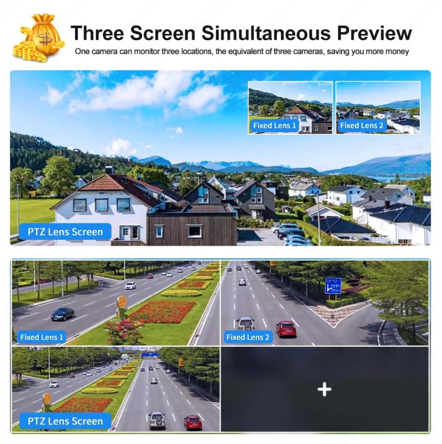 Camera Supraveghere WiFi cu 3 Camere Rotative 360°, Lumini/Sirena, 12MP, Ultra HD, Viziune Nocturna Color, Detectie Umana, PIR, Audio, V380 Pro, IP66, PTZ [18]