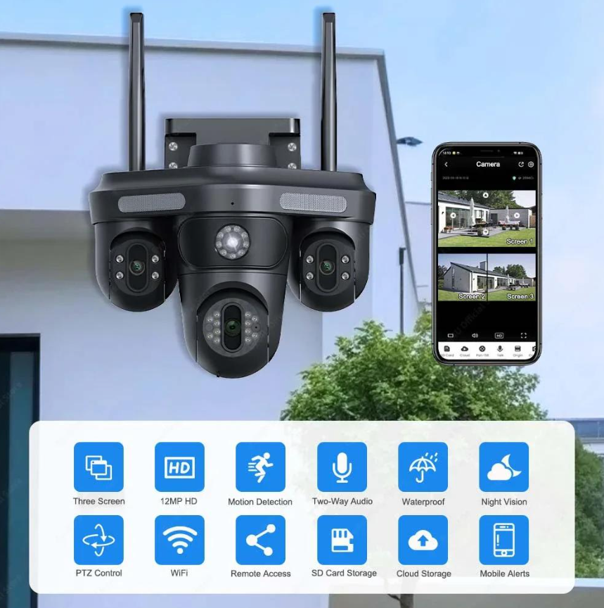 Camera Supraveghere WiFi cu 3 Camere Rotative 360°, Lumini/Sirena, 12MP, Ultra HD, Viziune Nocturna Color, Detectie Umana, PIR, Audio, V380 Pro, IP66, PTZ [16]
